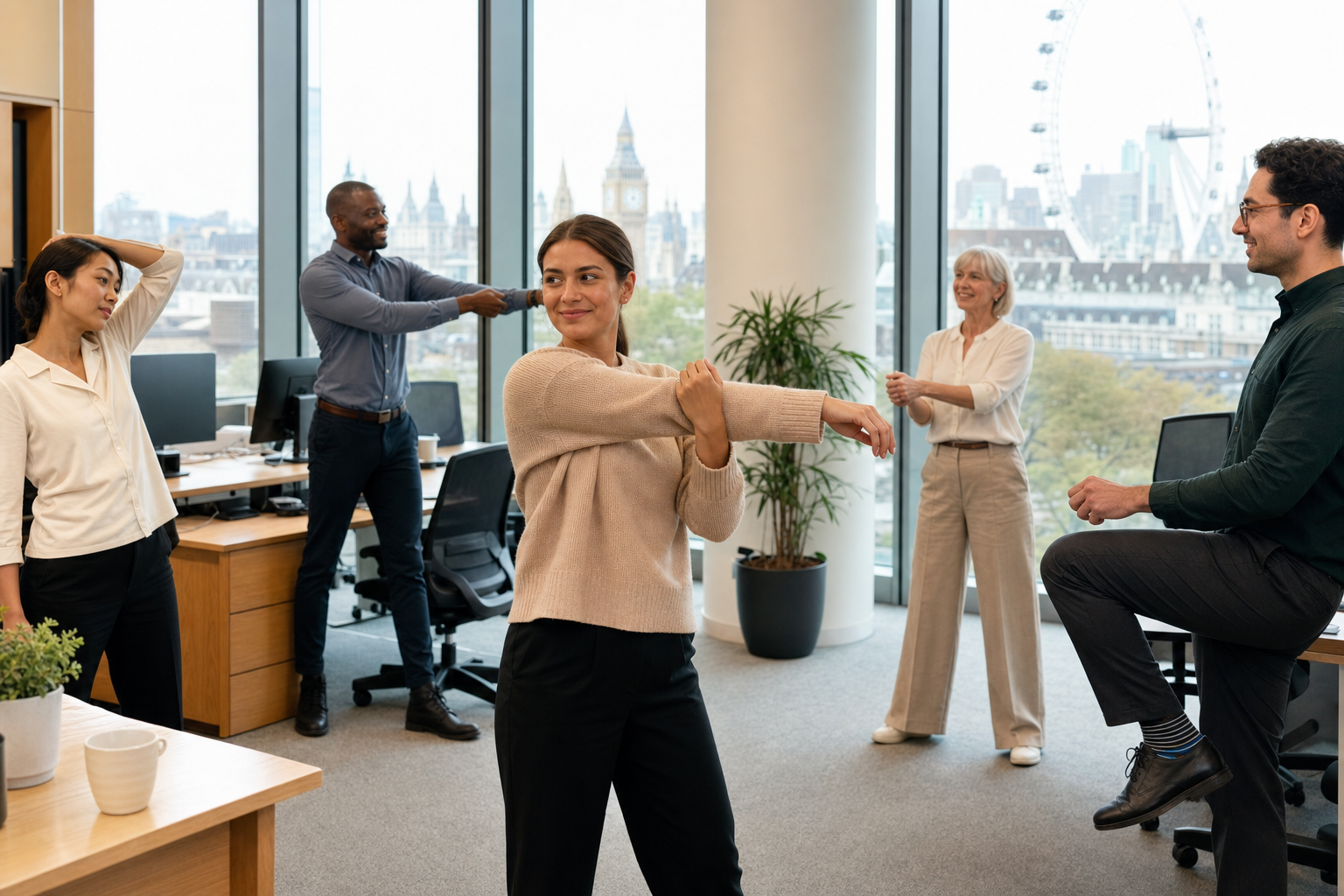 Sievedynis colleagues participating in an office stretch session